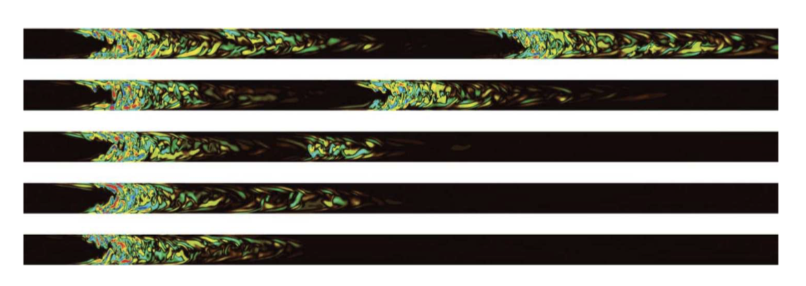 Visualisation of a puff going through a pipe and splitting. Time goes from bottom to top and the quantity represented is the streamwise vorticity, red (resp. blue) representing positive (resp. negative) values. The Reynolds number is 2300. After Avila et al., Science 333, 192 (2011).