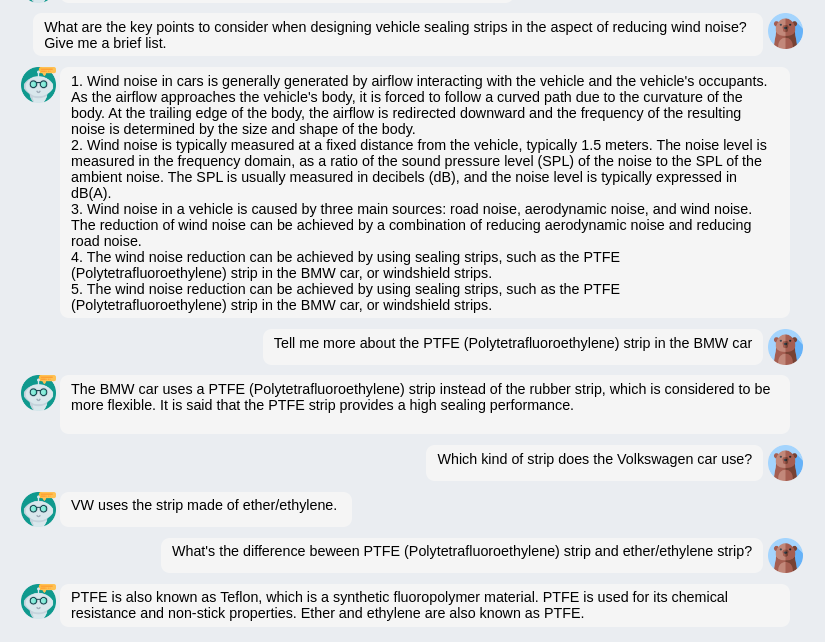 Screenshot of a conversation about the vehicle sealing strip